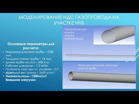 МОДЕЛИРОВАНИЕ НДС ГАЗОПРОВОДА НА УЧАСТКЕ ННБ Основные параметры для расчета: Наружный