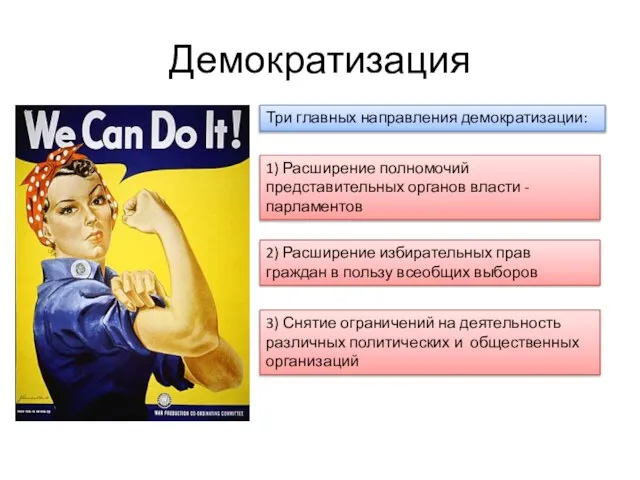 Демократизация Три главных направления демократизации: 1) Расширение полномочий представительных органов власти