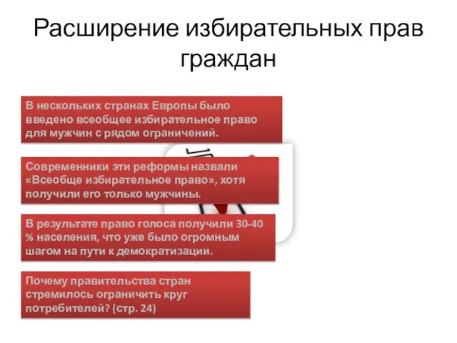 Расширение избирательных прав граждан В нескольких странах Европы было введено всеобщее