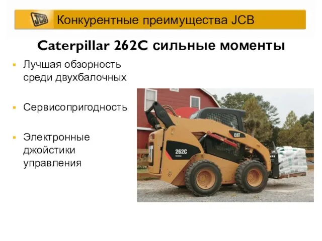 Caterpillar 262C сильные моменты Лучшая обзорность среди двухбалочных Сервисопригодность Электронные джойстики управления Конкурентные преимущества JCB