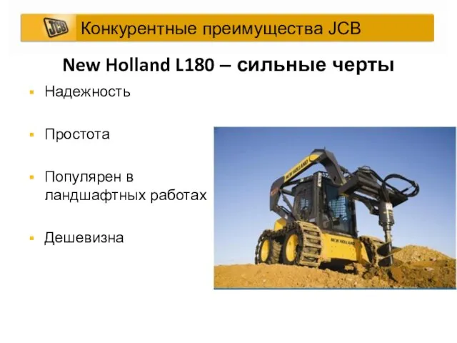 New Holland L180 – сильные черты Надежность Простота Популярен в ландшафтных работах Дешевизна Конкурентные преимущества JCB