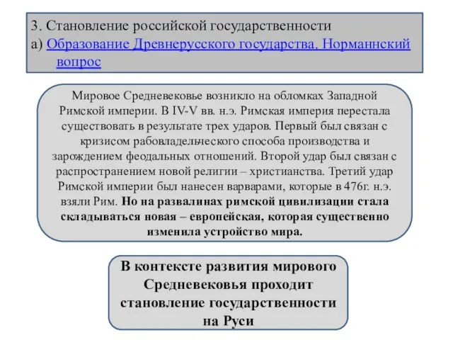 3. Становление российской государственности а) Образование Древнерусского государства. Норманнский вопрос Мировое