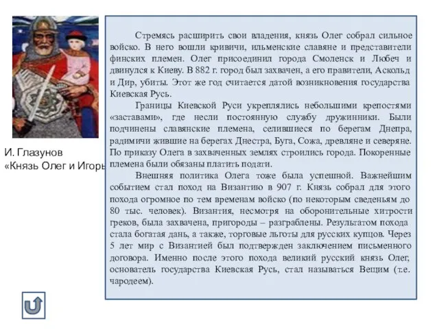 И. Глазунов «Князь Олег и Игорь» Стремясь расширить свои владения, князь