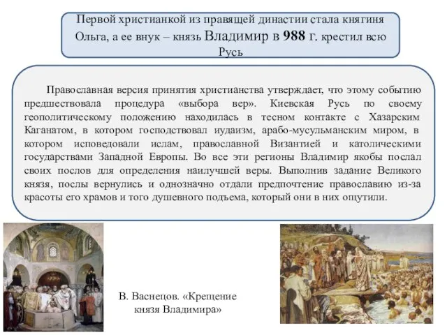 Православная версия принятия христианства утверждает, что этому событию предшествовала процедура «выбора