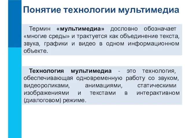 Понятие технологии мультимедиа Термин «мультимедиа» дословно обозначает «многие среды» и трактуется