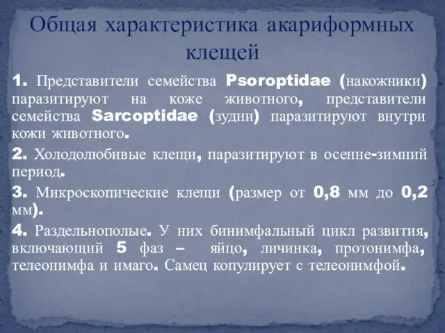 1. Представители семейства Psoroptidae (накожники) паразитируют на коже животного, представители семейства