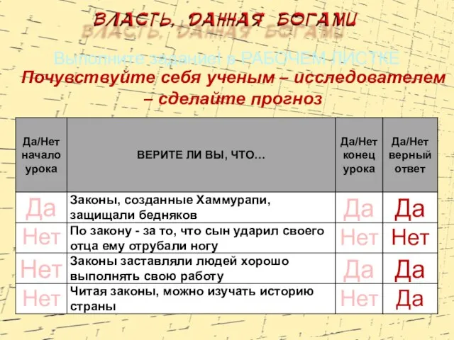 Выполните заданиеI в РАБОЧЕМ ЛИСТКЕ Почувствуйте себя ученым – исследователем – сделайте прогноз