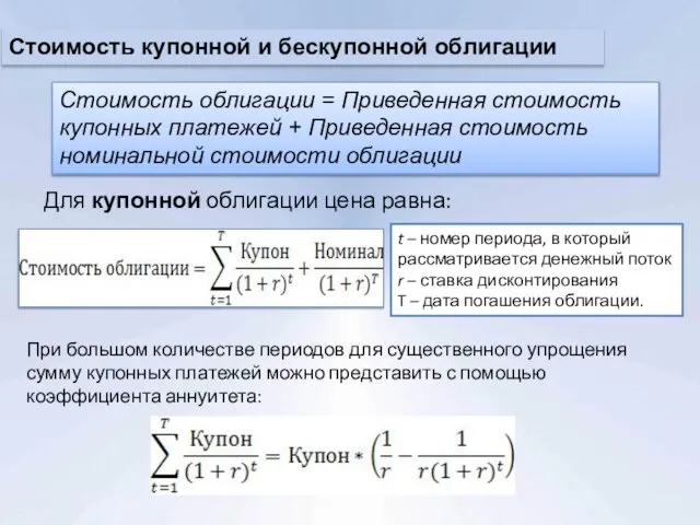 Стоимость купонной и бескупонной облигации Стоимость облигации = Приведенная стоимость купонных