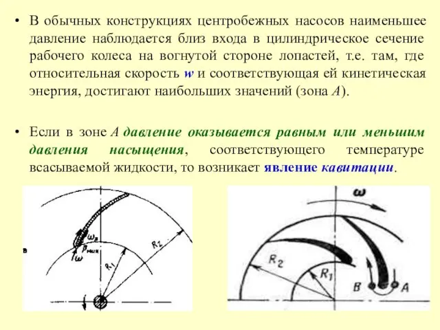 В обычных конструкциях центробежных насосов наименьшее давление наблюдается близ входа в