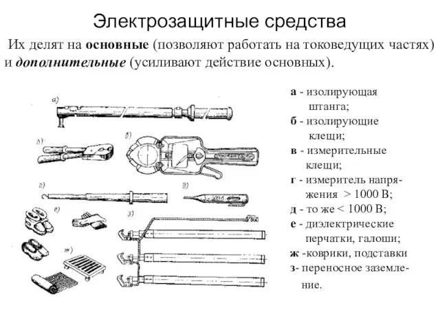 Электрозащитные средства Их делят на основные (позволяют работать на токоведущих частях)