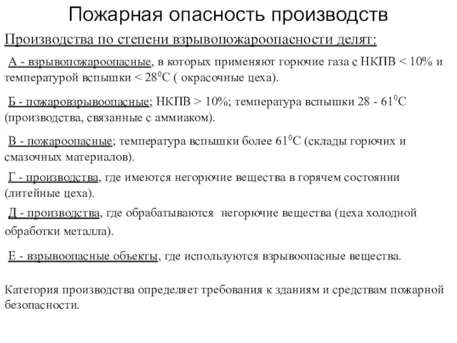 Пожарная опасность производств Производства по степени взрывопожароопасности делят: А - взрывопожароопасные,