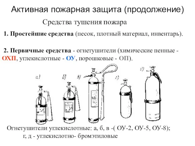 Активная пожарная защита (продолжение) Средства тушения пожара 1. Простейшие средства (песок,