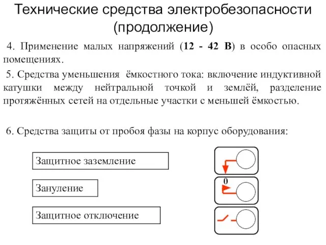 Технические средства электробезопасности (продолжение) 4. Применение малых напряжений (12 - 42