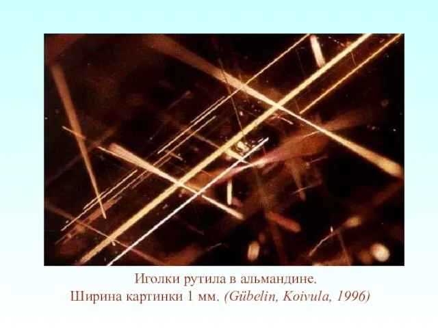 Иголки рутила в альмандине. Ширина картинки 1 мм. (Gübelin, Koivula, 1996)