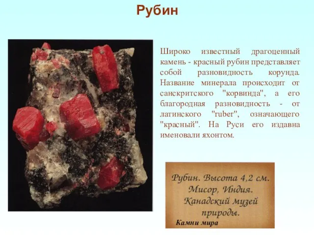 Широко известный драгоценный камень - красный рубин представляет собой разновидность корунда.