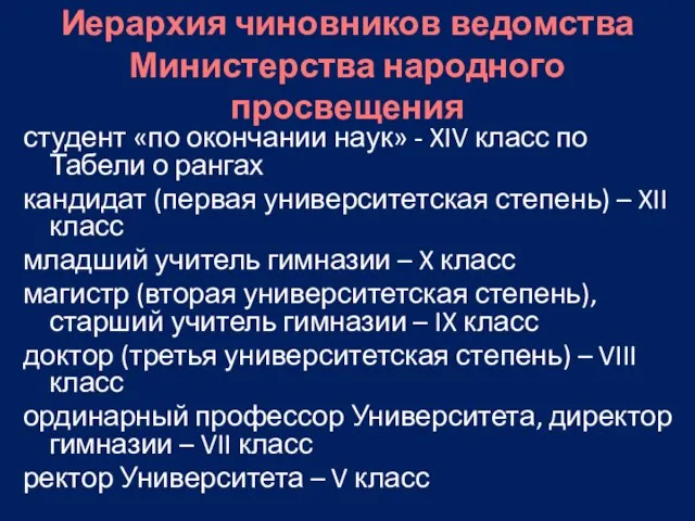 Иерархия чиновников ведомства Министерства народного просвещения студент «по окончании наук» -