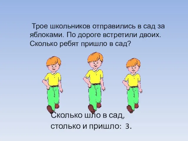 Трое школьников отправились в сад за яблоками. По дороге встретили двоих.