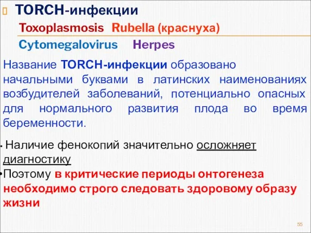 TORCH-инфекции Toxoplasmosis Rubella (краснуха) Cytomegalovirus Herpes Наличие фенокопий значительно осложняет диагностику