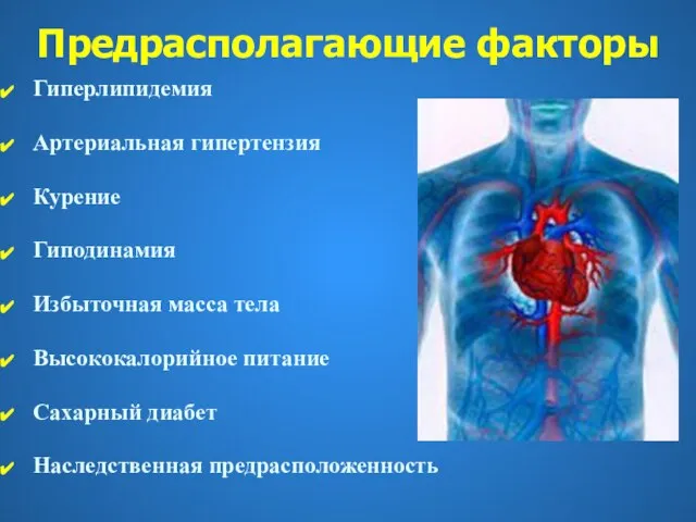 Предрасполагающие факторы Гиперлипидемия Артериальная гипертензия Курение Гиподинамия Избыточная масса тела Высококалорийное питание Сахарный диабет Наследственная предрасположенность