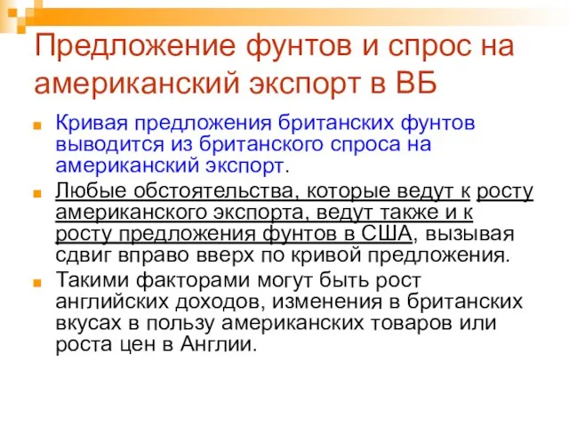 Предложение фунтов и спрос на американский экспорт в ВБ Кривая предложения