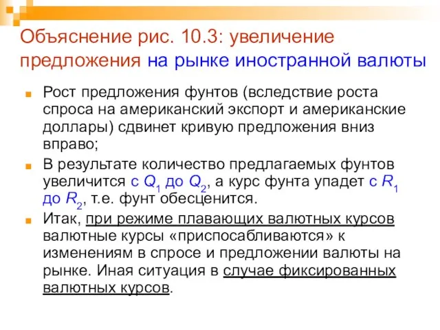 Объяснение рис. 10.3: увеличение предложения на рынке иностранной валюты Рост предложения