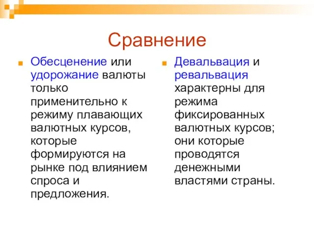 Сравнение Обесценение или удорожание валюты только применительно к режиму плавающих валютных