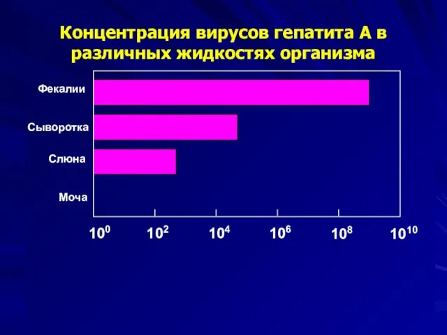 Фекалии Сыворотка Слюна Моча 100 102 104 106 108 1010 Концентрация