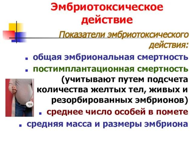 Эмбриотоксическое действие Показатели эмбриотоксического действия: общая эмбриональная смертность постимплантационная смертность (учитывают