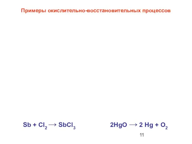 Примеры окислительно-восстановительных процессов Sb + CI2 → SbCI3 2HgO → 2 Hg + O2