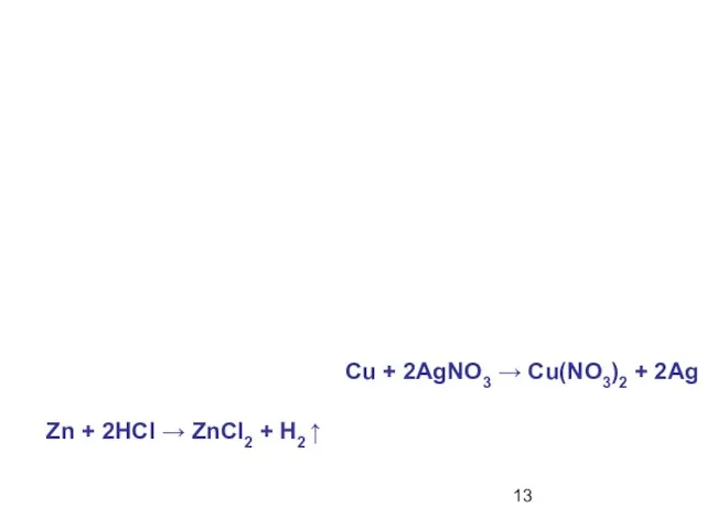 Zn + 2HCI → ZnCI2 + H2 ↑ Cu + 2AgNO3 → Cu(NO3)2 + 2Ag