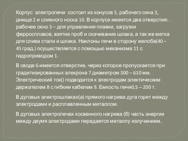 Корпус электропечи состоит из конусов 5, рабочего окна 3, днище 2