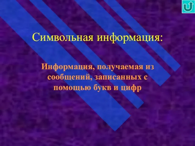 Символьная информация: Информация, получаемая из сообщений, записанных с помощью букв и цифр