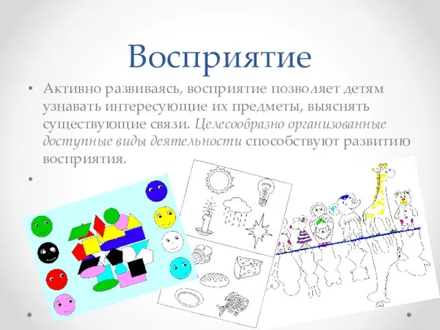 Восприятие Активно развиваясь, восприятие позволяет детям узнавать интересующие их предметы, выяснять