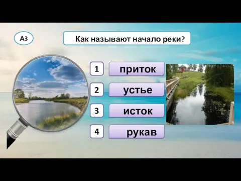 устье А3 Как называют начало реки? приток исток рукав 1 2 3 4