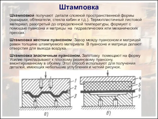 Штамповка Штамповкой получают детали сложной пространственной формы (козырьки, обтекатели, стекла кабин