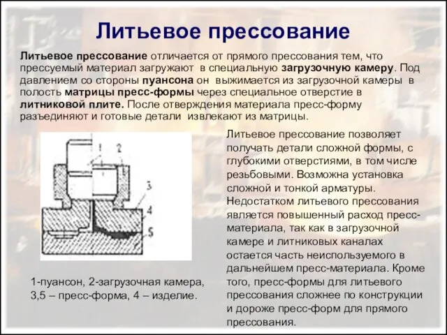 Литьевое прессование Литьевое прессование отличается от прямого прессования тем, что прессуемый