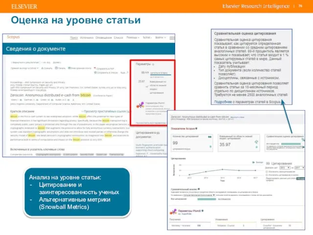 Оценка на уровне статьи Анализ на уровне статьи: Цитирование и заинтересованность ученых Альтернативные метрики (Snowball Metrics)