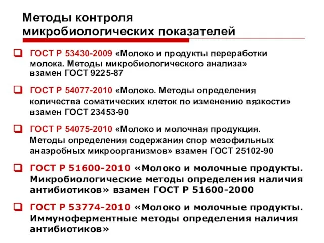 Методы контроля микробиологических показателей ГОСТ Р 53430-2009 «Молоко и продукты переработки