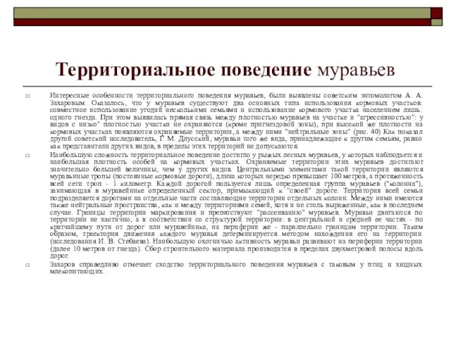 Территориальное поведение муравьев Интересные особенности территориального поведения муравьев, были выявлены советским