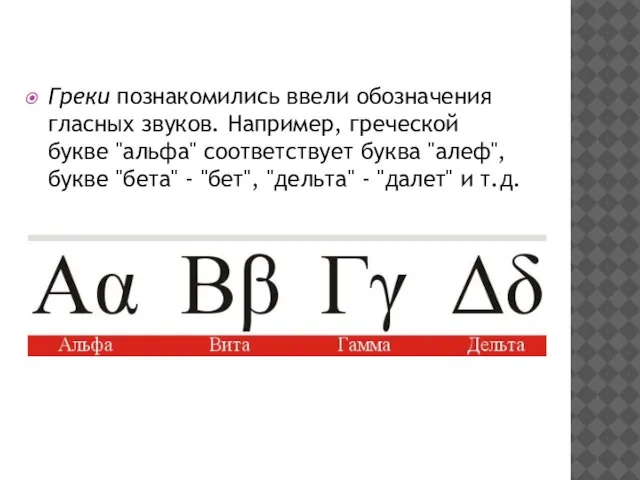 Греки познакомились ввели обозначения гласных звуков. Например, греческой букве "альфа" соответствует