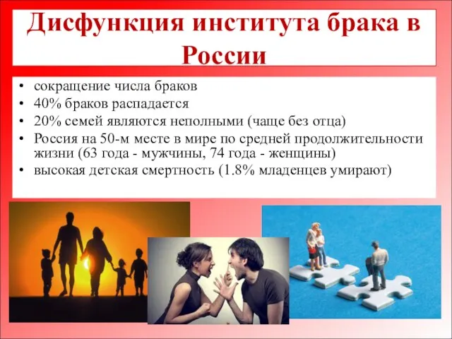 Дисфункция института брака в России сокращение числа браков 40% браков распадается