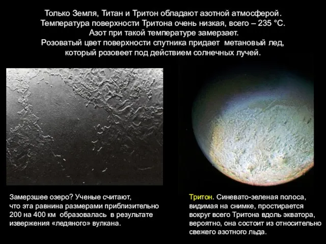 Только Земля, Титан и Тритон обладают азотной атмосферой. Температура поверхности Тритона