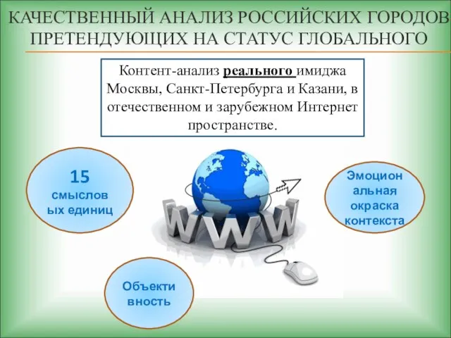 КАЧЕСТВЕННЫЙ АНАЛИЗ РОССИЙСКИХ ГОРОДОВ, ПРЕТЕНДУЮЩИХ НА СТАТУС ГЛОБАЛЬНОГО Контент-анализ реального имиджа