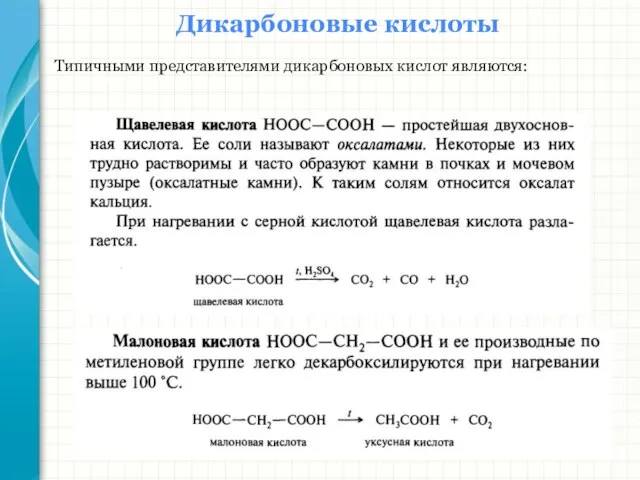 Дикарбоновые кислоты Типичными представителями дикарбоновых кислот являются: