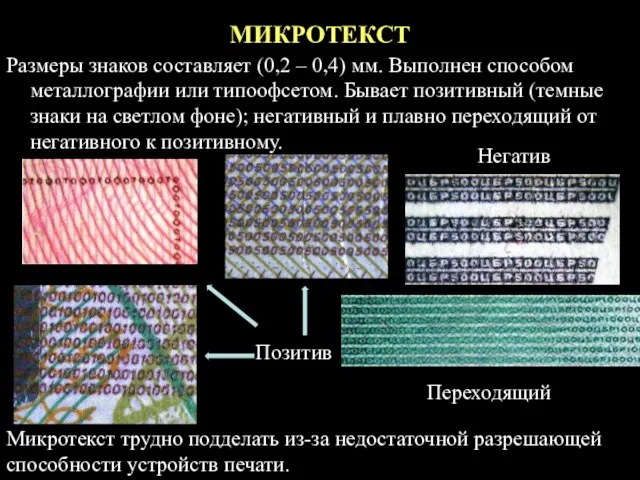 МИКРОТЕКСТ Размеры знаков составляет (0,2 – 0,4) мм. Выполнен способом металлографии