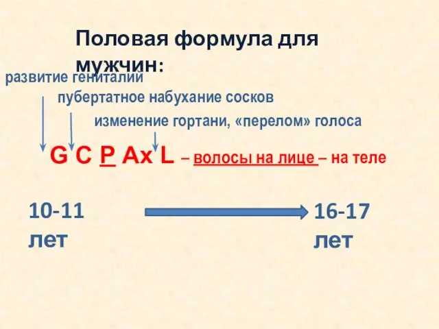 Половая формула для мужчин: G С P Ax L – волосы