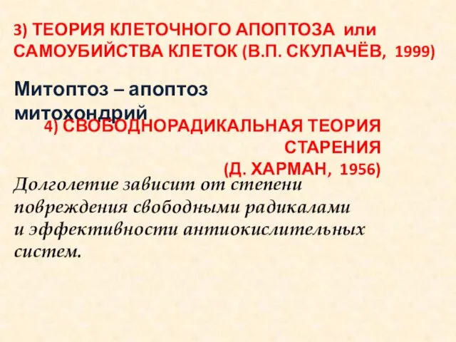 3) ТЕОРИЯ КЛЕТОЧНОГО АПОПТОЗА или САМОУБИЙСТВА КЛЕТОК (В.П. СКУЛАЧЁВ, 1999) Митоптоз