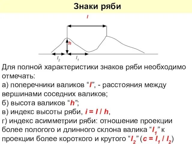 Для полной характеристики знаков ряби необходимо отмечать: а) поперечники валиков “l”,