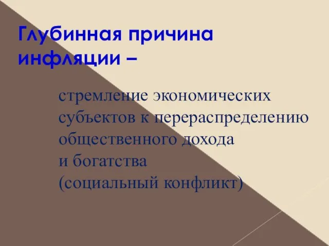 Глубинная причина инфляции – стремление экономических субъектов к перераспределению общественного дохода и богатства (социальный конфликт)