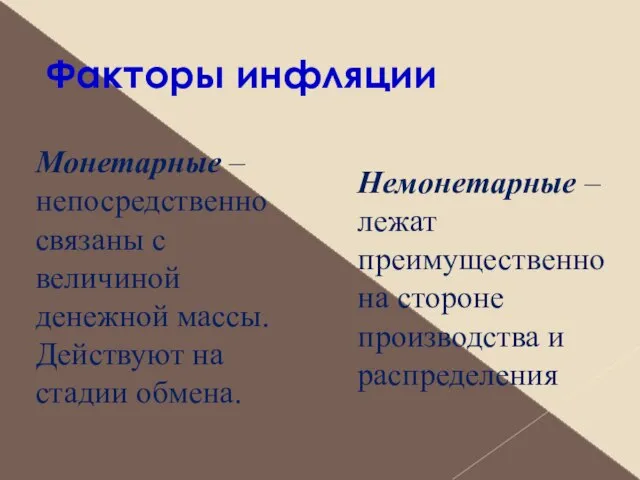 Факторы инфляции Монетарные – непосредственно связаны с величиной денежной массы. Действуют